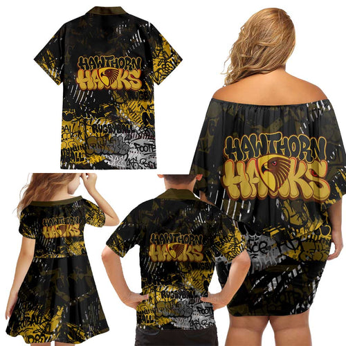 Hawthorn Hawks Family Matching Off Shoulder Short Dress and Hawaiian Shirt Urban Graffiti Street Art - Bold Abstract Spray Paint