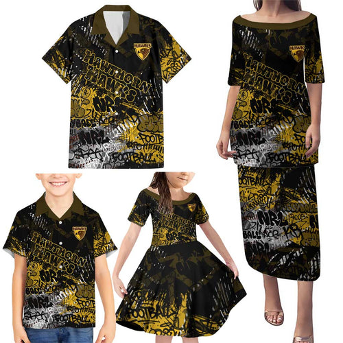 Hawthorn Hawks Family Matching Puletasi and Hawaiian Shirt Urban Graffiti Street Art - Bold Abstract Spray Paint
