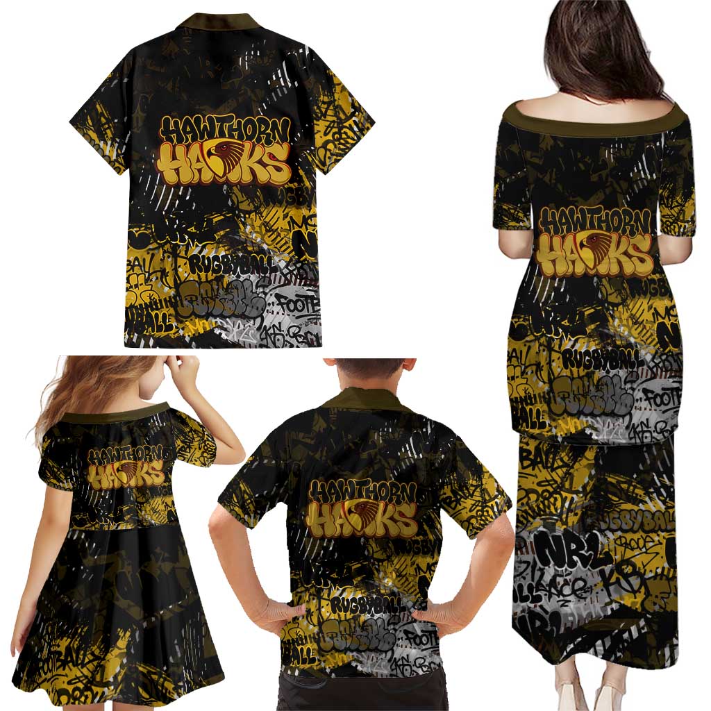 Hawthorn Hawks Family Matching Puletasi and Hawaiian Shirt Urban Graffiti Street Art - Bold Abstract Spray Paint