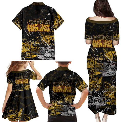 Hawthorn Hawks Family Matching Puletasi and Hawaiian Shirt Urban Graffiti Street Art - Bold Abstract Spray Paint