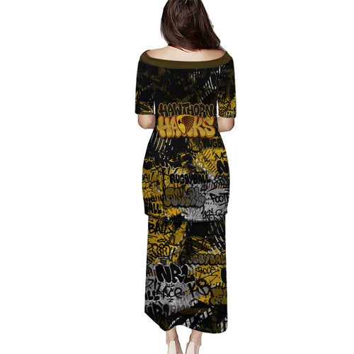 Hawthorn Hawks Family Matching Puletasi and Hawaiian Shirt Urban Graffiti Street Art - Bold Abstract Spray Paint