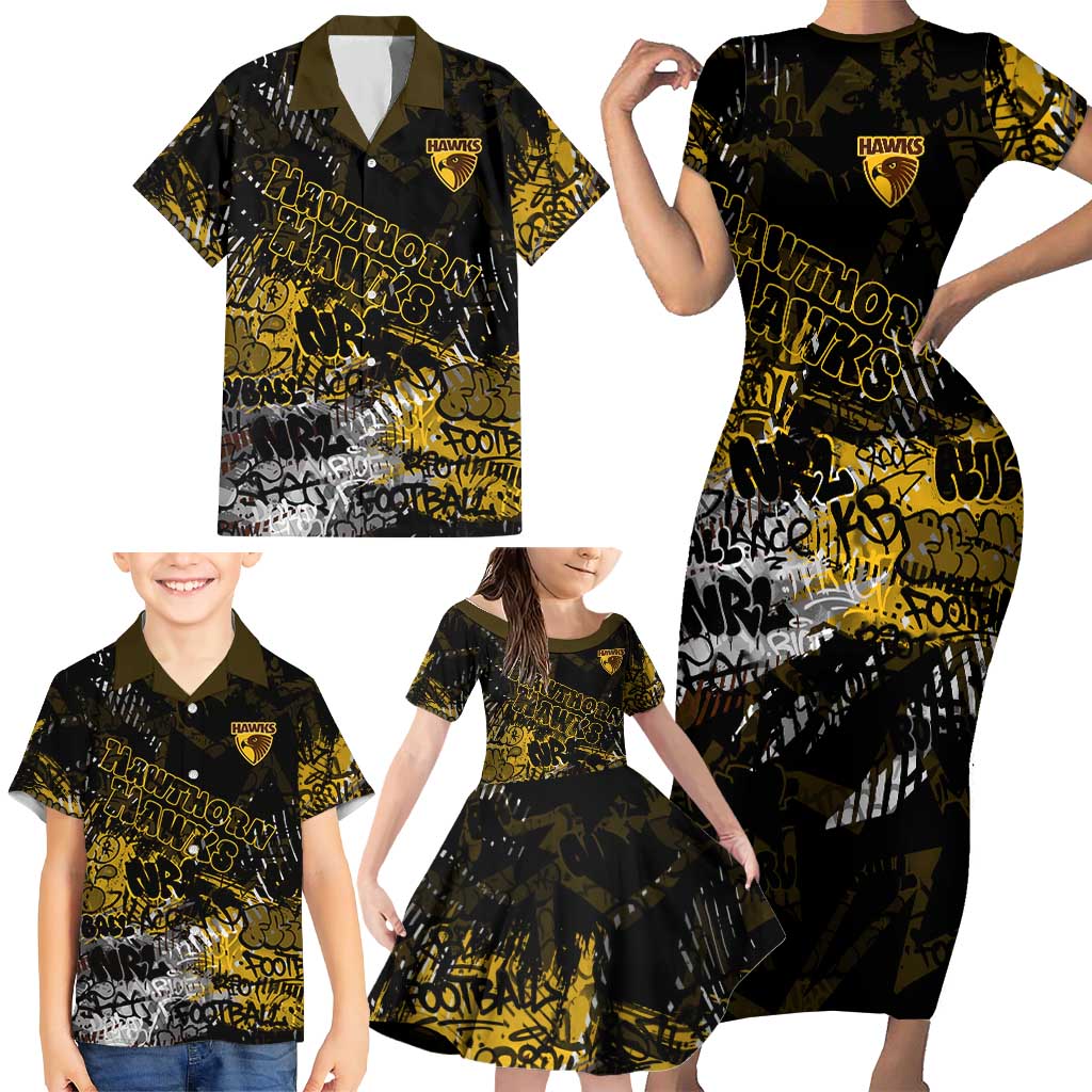 Hawthorn Hawks Family Matching Short Sleeve Bodycon Dress and Hawaiian Shirt Urban Graffiti Street Art - Bold Abstract Spray Paint