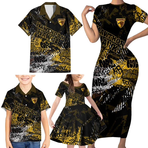 Hawthorn Hawks Family Matching Short Sleeve Bodycon Dress and Hawaiian Shirt Urban Graffiti Street Art - Bold Abstract Spray Paint