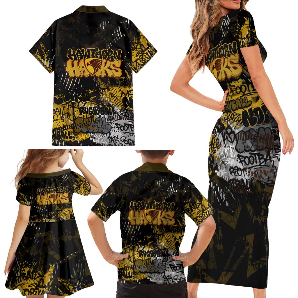 Hawthorn Hawks Family Matching Short Sleeve Bodycon Dress and Hawaiian Shirt Urban Graffiti Street Art - Bold Abstract Spray Paint