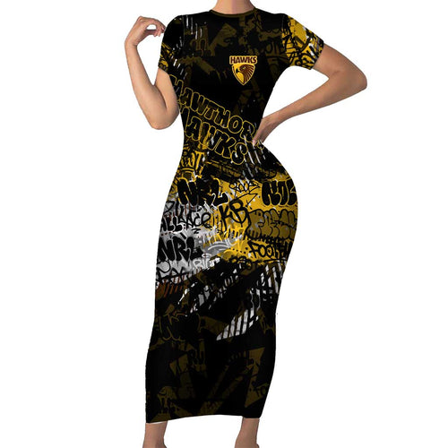 Hawthorn Hawks Family Matching Short Sleeve Bodycon Dress and Hawaiian Shirt Urban Graffiti Street Art - Bold Abstract Spray Paint
