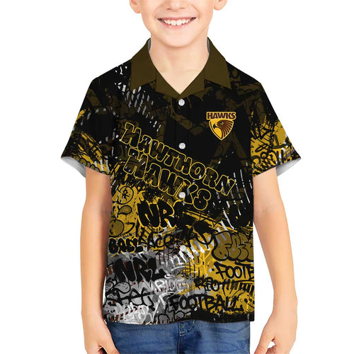 Hawthorn Hawks Family Matching Short Sleeve Bodycon Dress and Hawaiian Shirt Urban Graffiti Street Art - Bold Abstract Spray Paint