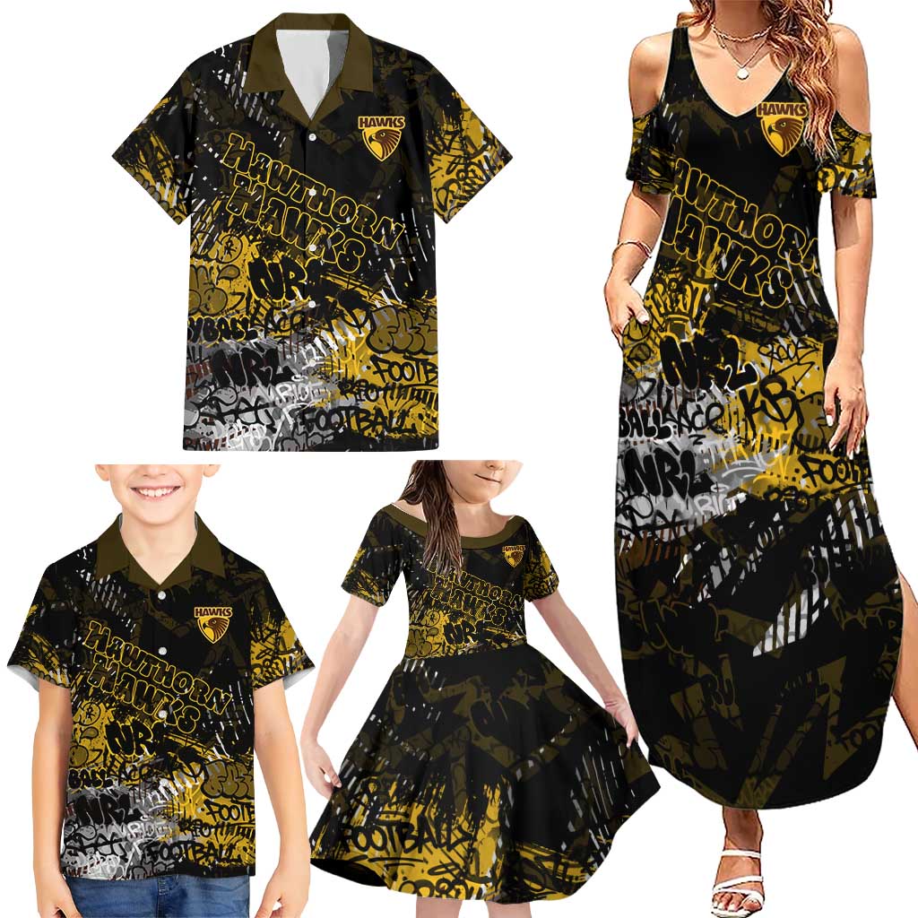 Hawthorn Hawks Family Matching Summer Maxi Dress and Hawaiian Shirt Urban Graffiti Street Art - Bold Abstract Spray Paint