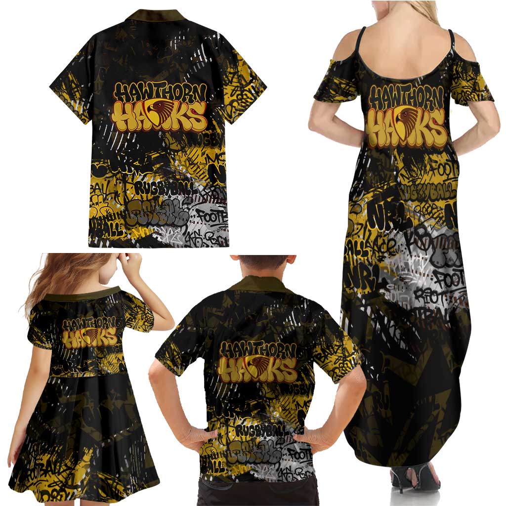 Hawthorn Hawks Family Matching Summer Maxi Dress and Hawaiian Shirt Urban Graffiti Street Art - Bold Abstract Spray Paint