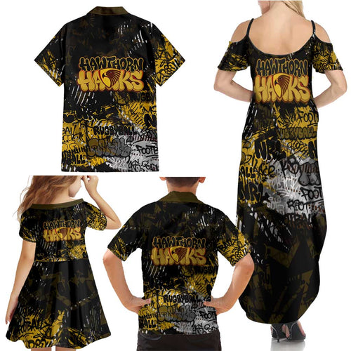 Hawthorn Hawks Family Matching Summer Maxi Dress and Hawaiian Shirt Urban Graffiti Street Art - Bold Abstract Spray Paint
