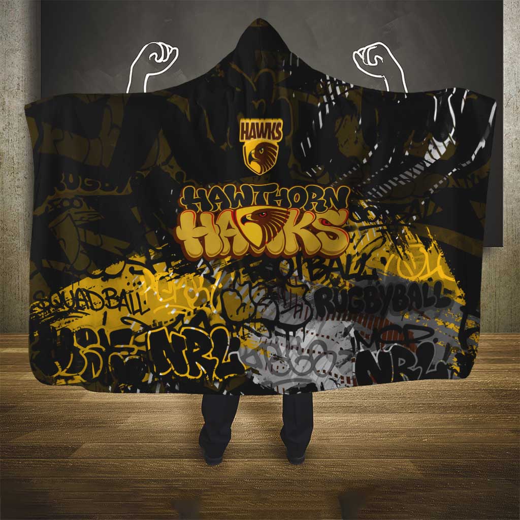 Hawthorn Hawks Hooded Blanket Urban Graffiti Street Art - Bold Abstract Spray Paint