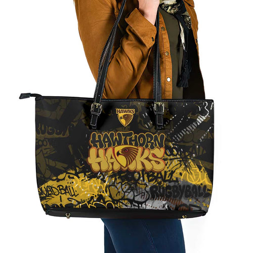 Hawthorn Hawks Leather Tote Bag Urban Graffiti Street Art - Bold Abstract Spray Paint