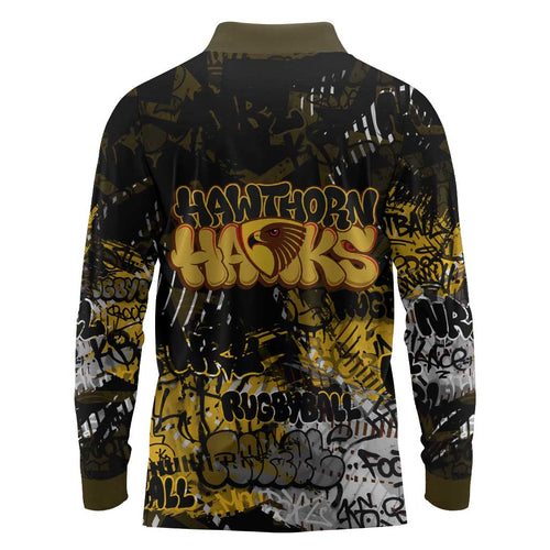 Hawthorn Hawks Long Sleeve Polo Shirt Urban Graffiti Street Art - Bold Abstract Spray Paint