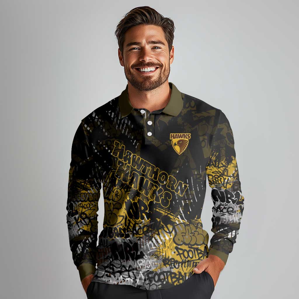 Hawthorn Hawks Long Sleeve Polo Shirt Urban Graffiti Street Art - Bold Abstract Spray Paint