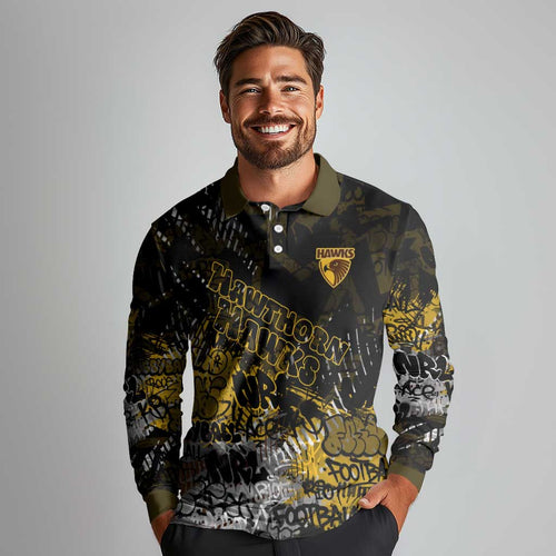 Hawthorn Hawks Long Sleeve Polo Shirt Urban Graffiti Street Art - Bold Abstract Spray Paint