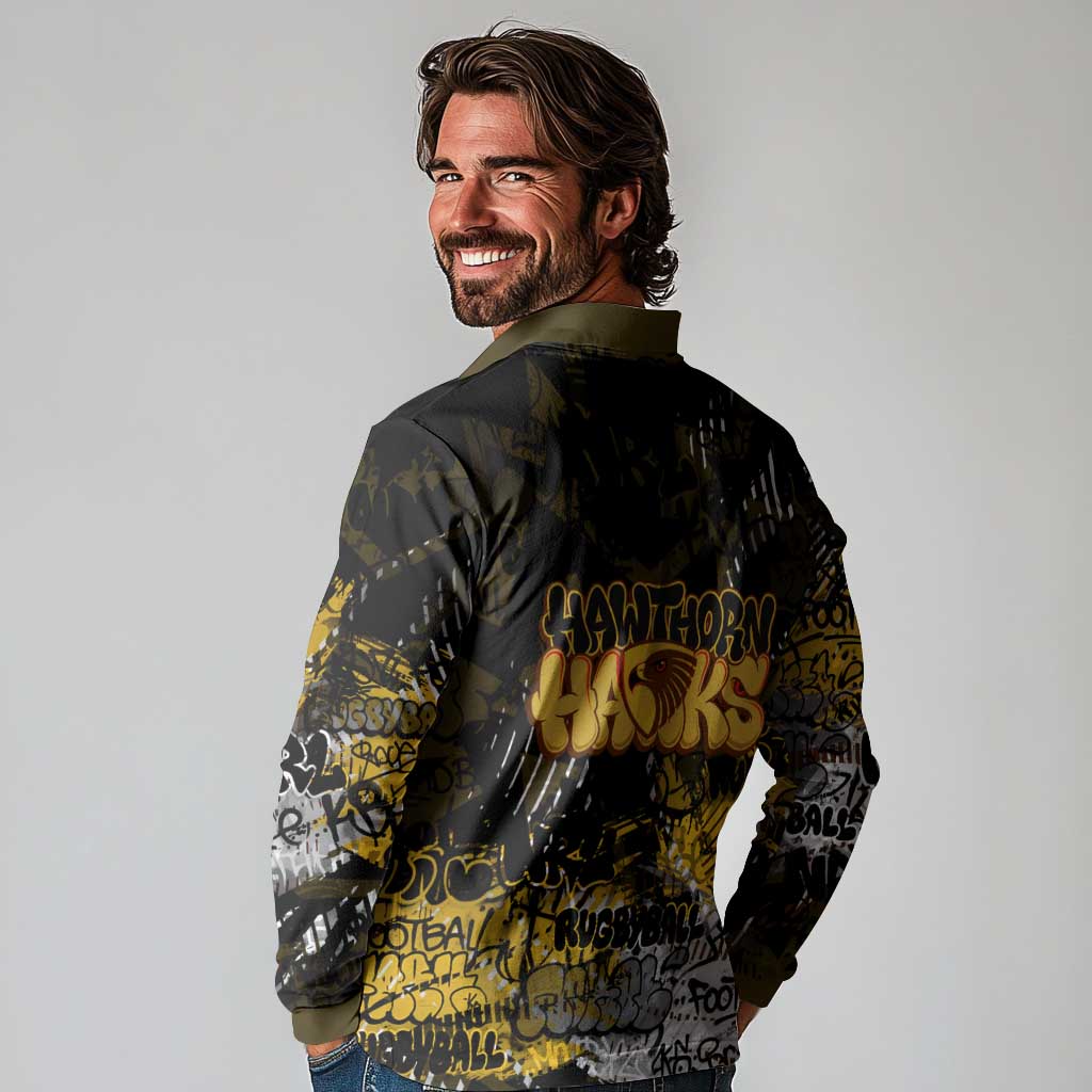 Hawthorn Hawks Long Sleeve Polo Shirt Urban Graffiti Street Art - Bold Abstract Spray Paint