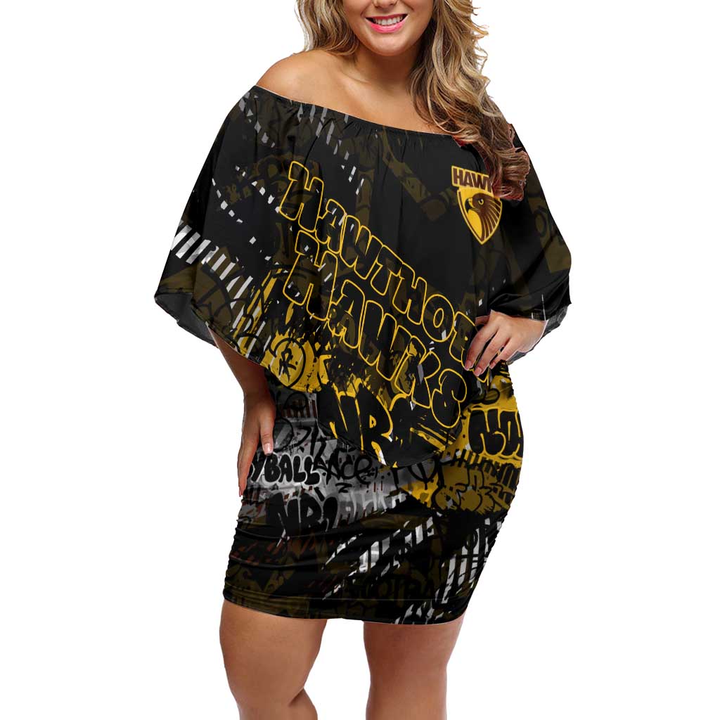 Hawthorn Hawks Off Shoulder Short Dress Urban Graffiti Street Art - Bold Abstract Spray Paint