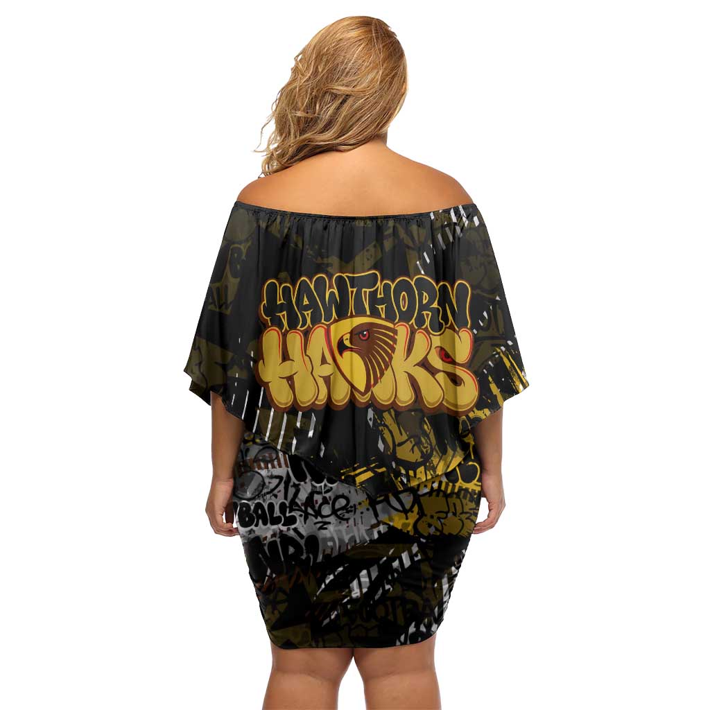 Hawthorn Hawks Off Shoulder Short Dress Urban Graffiti Street Art - Bold Abstract Spray Paint