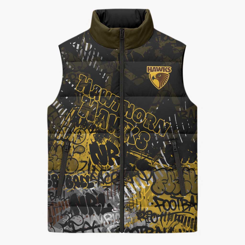 Hawthorn Hawks Sleeveless Puffer Jacket Urban Graffiti Street Art - Bold Abstract Spray Paint