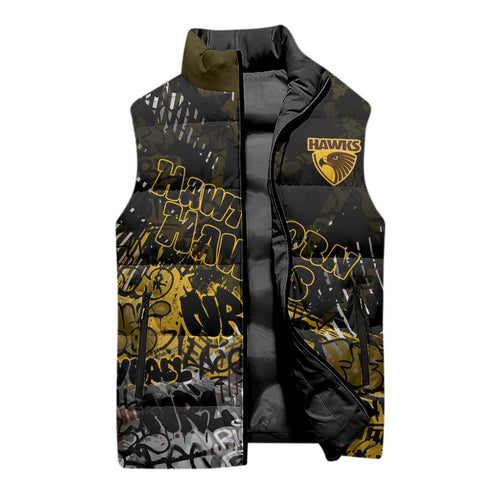 Hawthorn Hawks Sleeveless Puffer Jacket Urban Graffiti Street Art - Bold Abstract Spray Paint