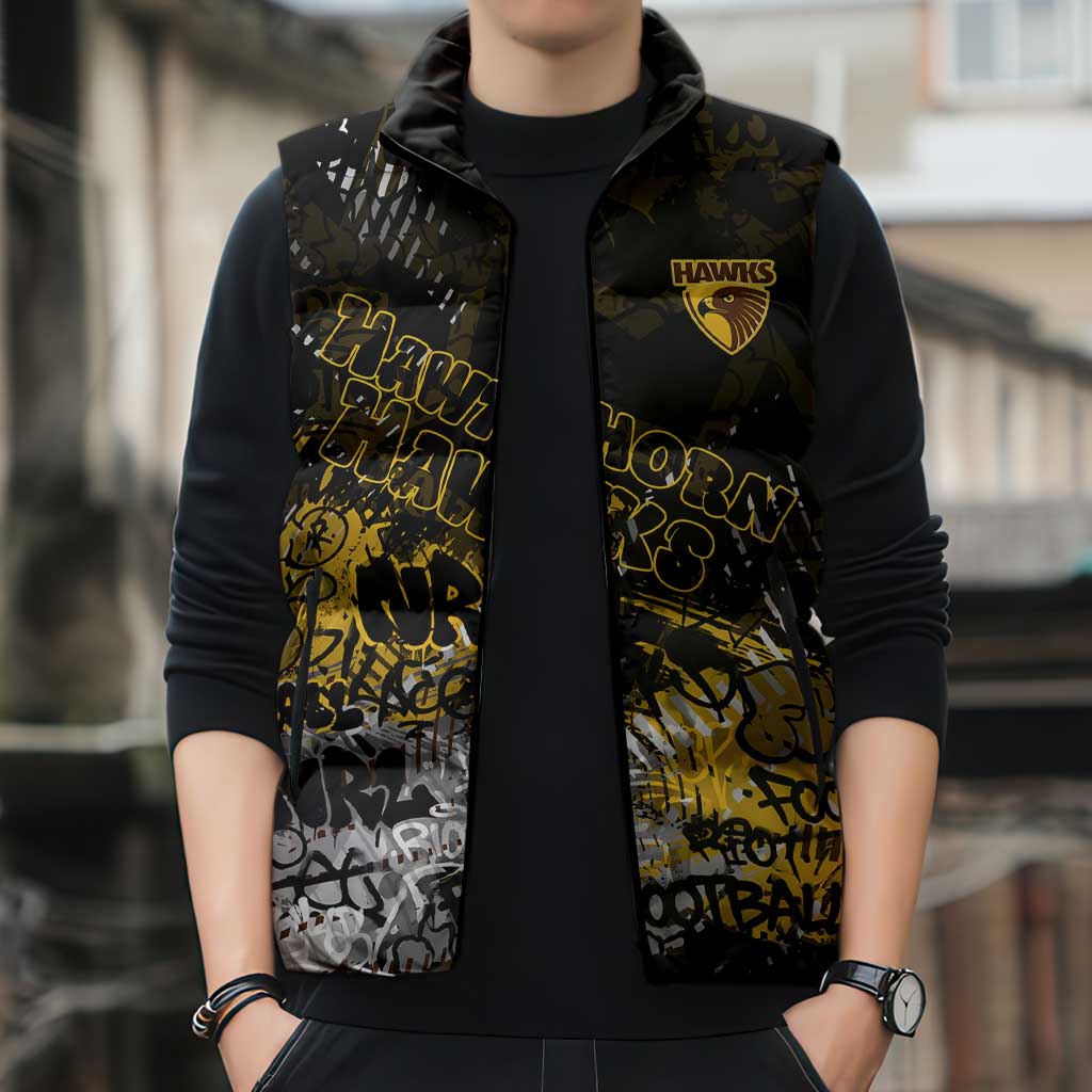 Hawthorn Hawks Sleeveless Puffer Jacket Urban Graffiti Street Art - Bold Abstract Spray Paint