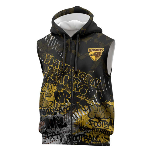 Hawthorn Hawks Sleeveless Zip Hoodie Urban Graffiti Street Art - Bold Abstract Spray Paint