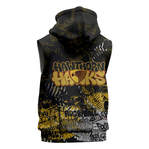 Hawthorn Hawks Sleeveless Zip Hoodie Urban Graffiti Street Art - Bold Abstract Spray Paint