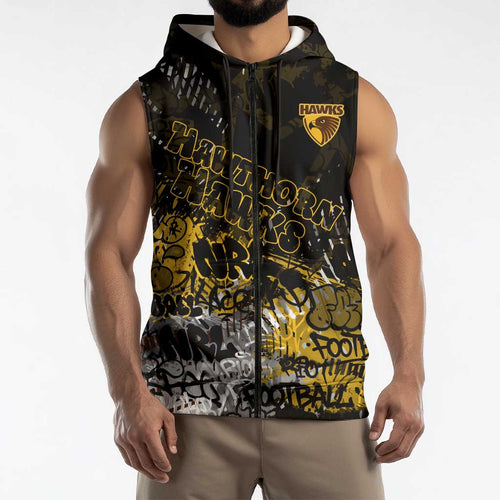 Hawthorn Hawks Sleeveless Zip Hoodie Urban Graffiti Street Art - Bold Abstract Spray Paint