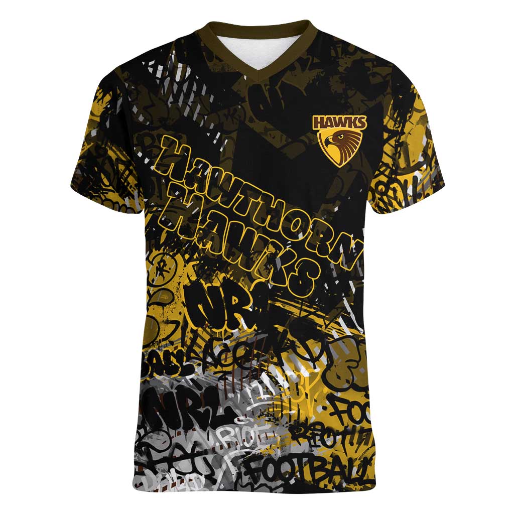 Hawthorn Hawks Women V-Neck T-Shirt Urban Graffiti Street Art - Bold Abstract Spray Paint
