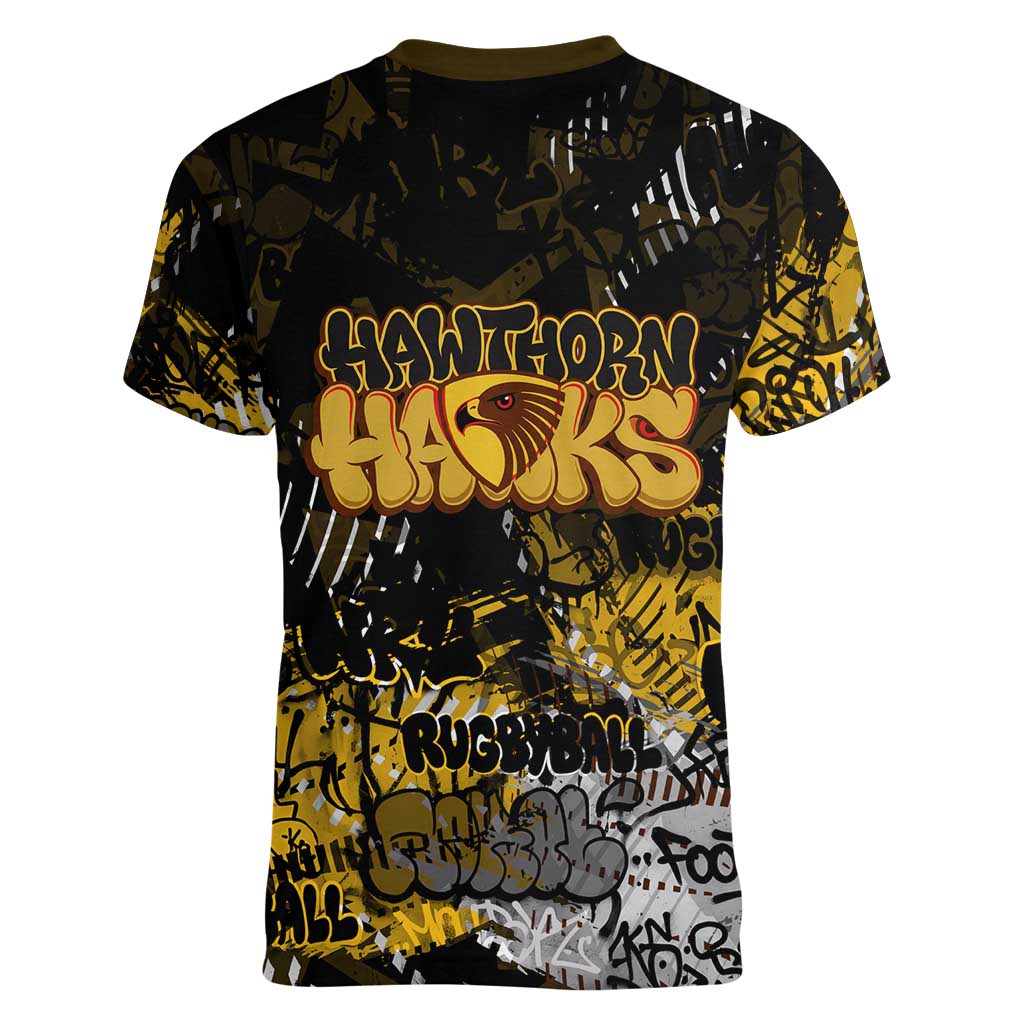 Hawthorn Hawks Women V-Neck T-Shirt Urban Graffiti Street Art - Bold Abstract Spray Paint