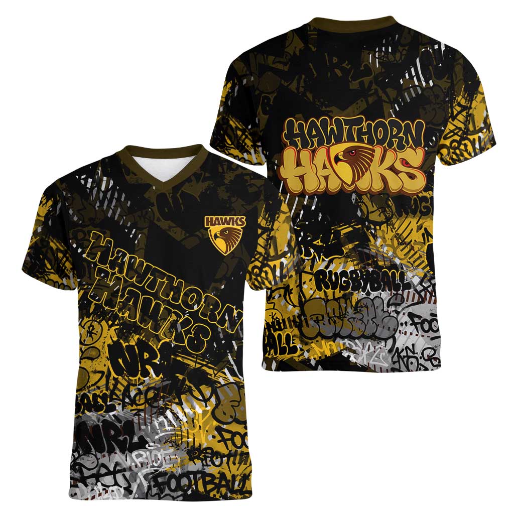 Hawthorn Hawks Women V-Neck T-Shirt Urban Graffiti Street Art - Bold Abstract Spray Paint