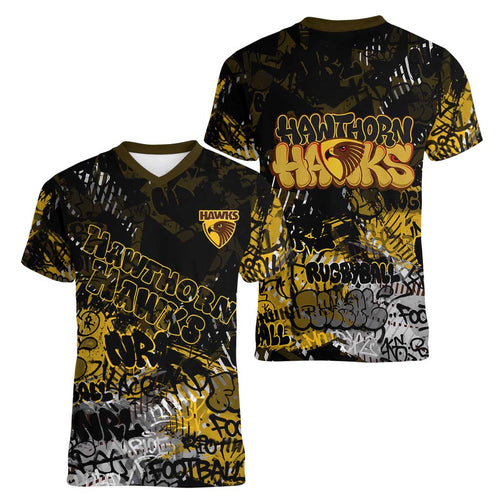 Hawthorn Hawks Women V-Neck T-Shirt Urban Graffiti Street Art - Bold Abstract Spray Paint