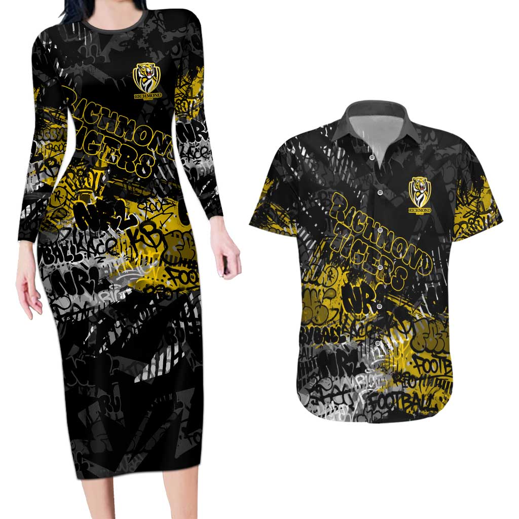 Richmond Tigers Couples Matching Long Sleeve Bodycon Dress and Hawaiian Shirt Urban Graffiti Street Art - Bold Abstract Spray Paint