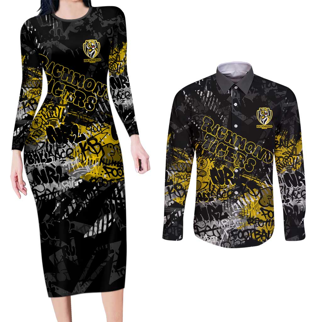Richmond Tigers Couples Matching Long Sleeve Bodycon Dress and Long Sleeve Button Shirt Urban Graffiti Street Art - Bold Abstract Spray Paint
