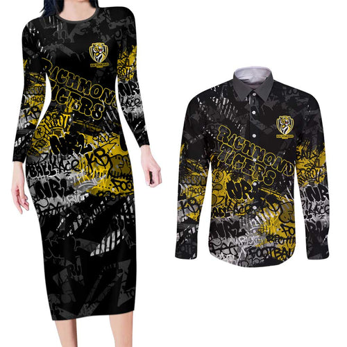 Richmond Tigers Couples Matching Long Sleeve Bodycon Dress and Long Sleeve Button Shirt Urban Graffiti Street Art - Bold Abstract Spray Paint