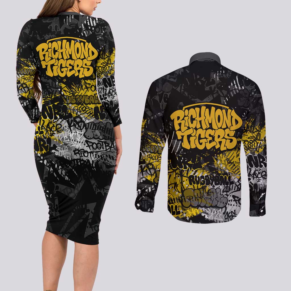 Richmond Tigers Couples Matching Long Sleeve Bodycon Dress and Long Sleeve Button Shirt Urban Graffiti Street Art - Bold Abstract Spray Paint
