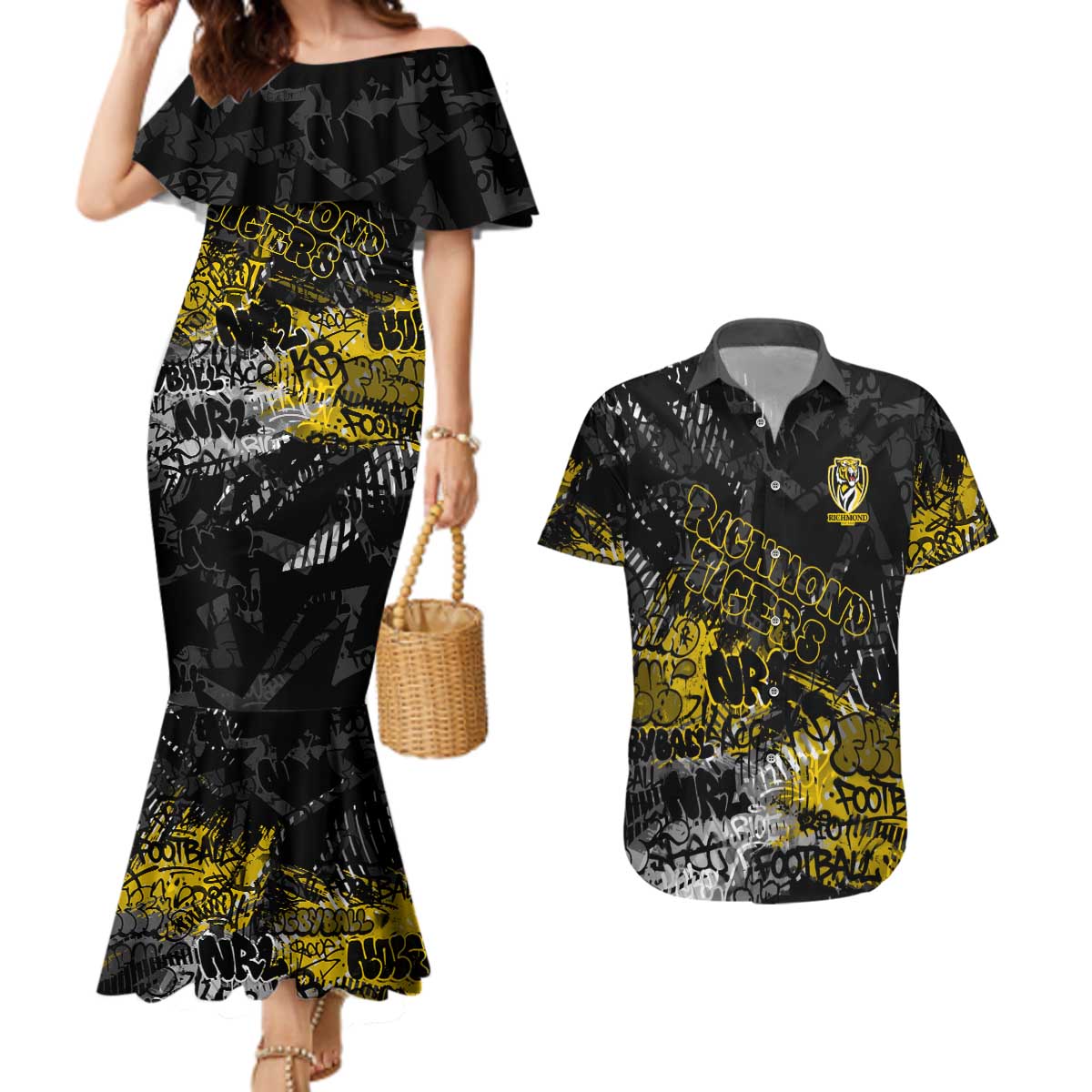 Richmond Tigers Couples Matching Mermaid Dress and Hawaiian Shirt Urban Graffiti Street Art - Bold Abstract Spray Paint