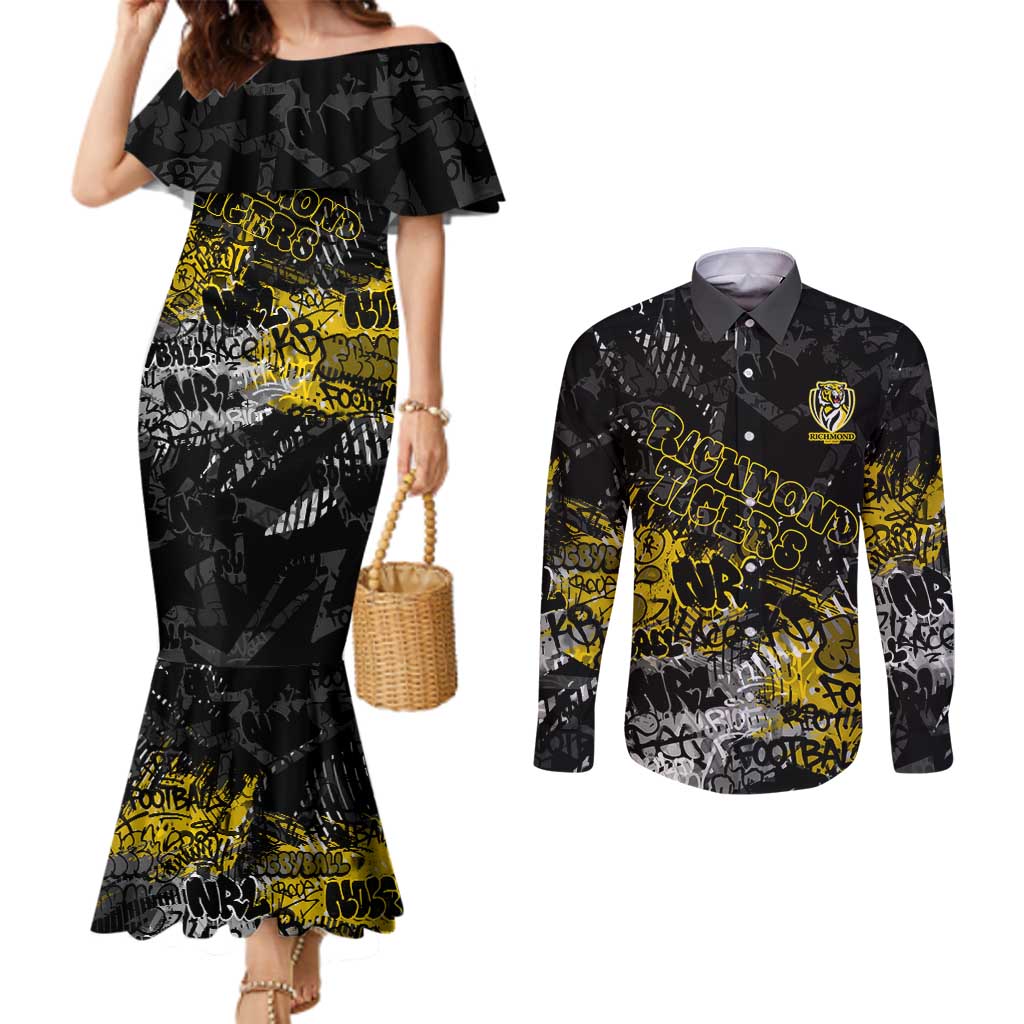 Richmond Tigers Couples Matching Mermaid Dress and Long Sleeve Button Shirt Urban Graffiti Street Art - Bold Abstract Spray Paint