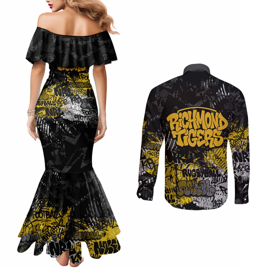 Richmond Tigers Couples Matching Mermaid Dress and Long Sleeve Button Shirt Urban Graffiti Street Art - Bold Abstract Spray Paint