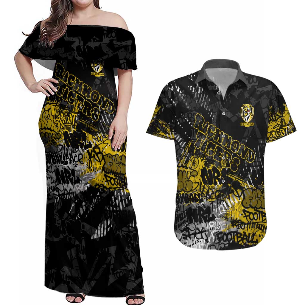Richmond Tigers Couples Matching Off Shoulder Maxi Dress and Hawaiian Shirt Urban Graffiti Street Art - Bold Abstract Spray Paint