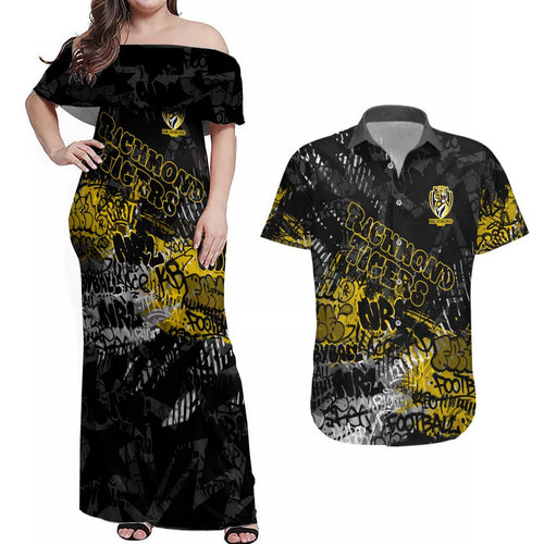 Richmond Tigers Couples Matching Off Shoulder Maxi Dress and Hawaiian Shirt Urban Graffiti Street Art - Bold Abstract Spray Paint
