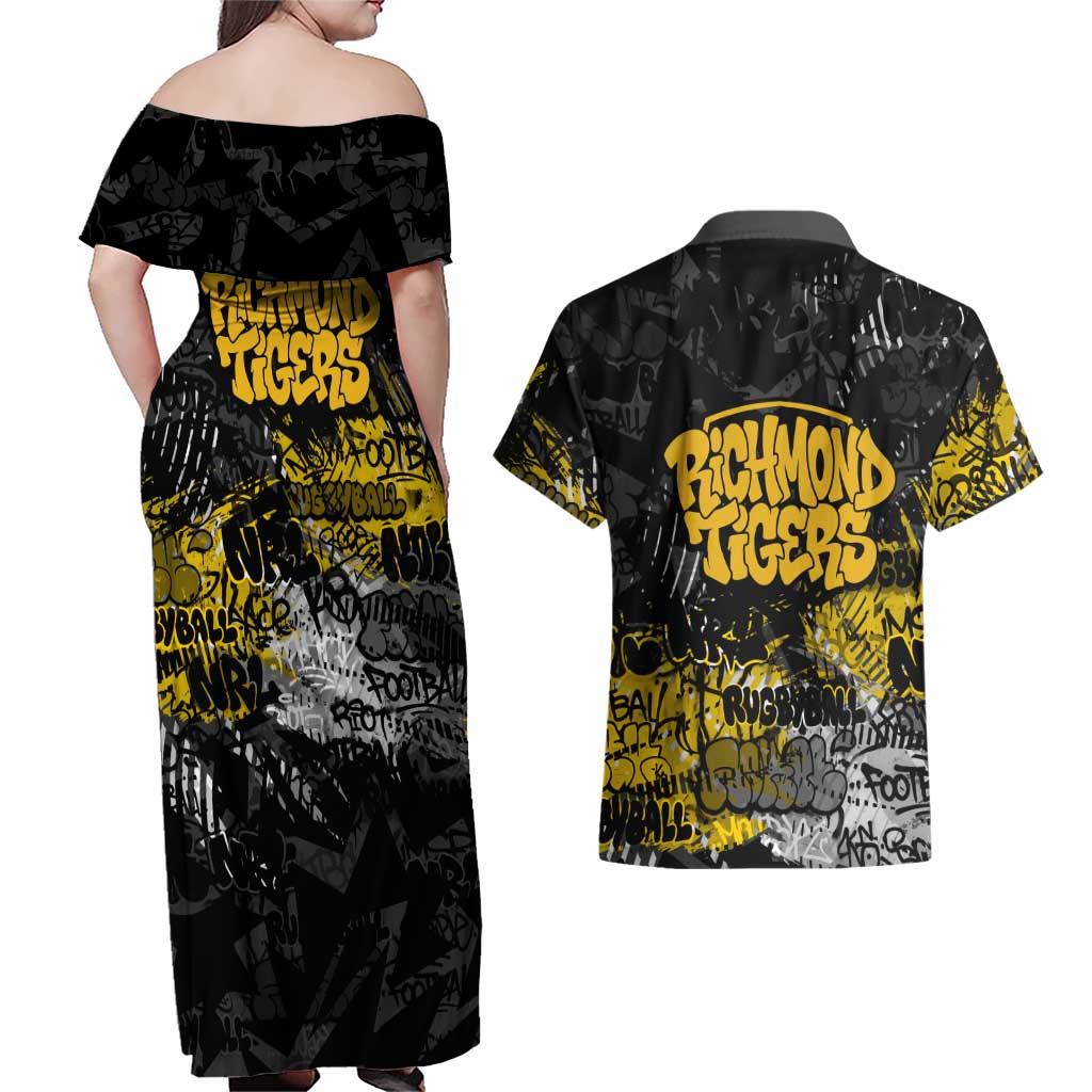 Richmond Tigers Couples Matching Off Shoulder Maxi Dress and Hawaiian Shirt Urban Graffiti Street Art - Bold Abstract Spray Paint