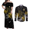 Richmond Tigers Couples Matching Off Shoulder Maxi Dress and Long Sleeve Button Shirt Urban Graffiti Street Art - Bold Abstract Spray Paint
