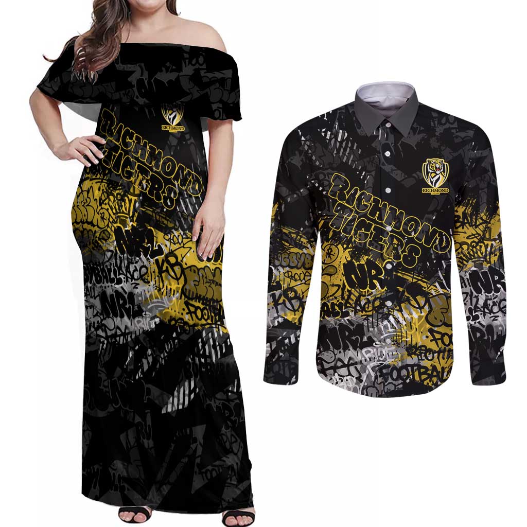 Richmond Tigers Couples Matching Off Shoulder Maxi Dress and Long Sleeve Button Shirt Urban Graffiti Street Art - Bold Abstract Spray Paint