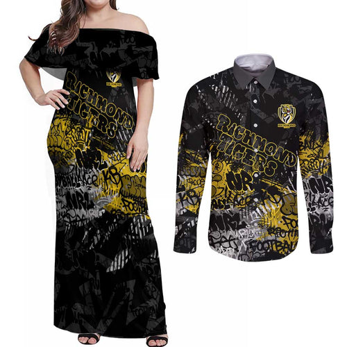 Richmond Tigers Couples Matching Off Shoulder Maxi Dress and Long Sleeve Button Shirt Urban Graffiti Street Art - Bold Abstract Spray Paint