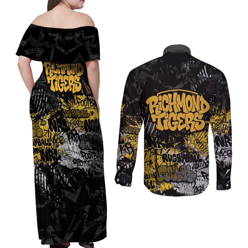 Richmond Tigers Couples Matching Off Shoulder Maxi Dress and Long Sleeve Button Shirt Urban Graffiti Street Art - Bold Abstract Spray Paint
