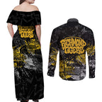 Richmond Tigers Couples Matching Off Shoulder Maxi Dress and Long Sleeve Button Shirt Urban Graffiti Street Art - Bold Abstract Spray Paint