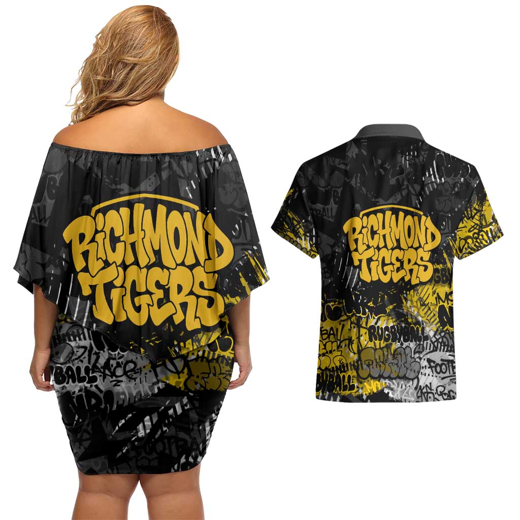 Richmond Tigers Couples Matching Off Shoulder Short Dress and Hawaiian Shirt Urban Graffiti Street Art - Bold Abstract Spray Paint