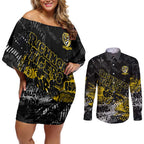 Richmond Tigers Couples Matching Off Shoulder Short Dress and Long Sleeve Button Shirt Urban Graffiti Street Art - Bold Abstract Spray Paint