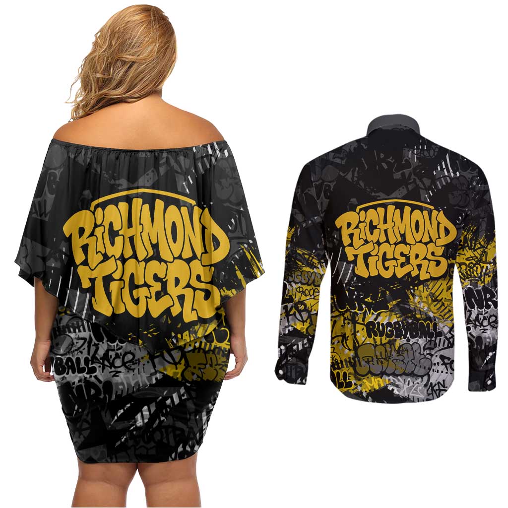 Richmond Tigers Couples Matching Off Shoulder Short Dress and Long Sleeve Button Shirt Urban Graffiti Street Art - Bold Abstract Spray Paint