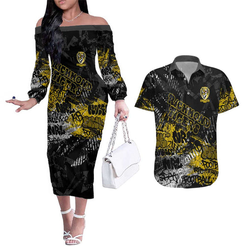 Richmond Tigers Couples Matching Off The Shoulder Long Sleeve Dress and Hawaiian Shirt Urban Graffiti Street Art - Bold Abstract Spray Paint